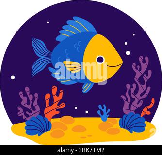 Niedlicher Fisch mit Algen und Korallen auf dem Meeresboden auf blauem Hintergrund. Vektorabbildung in abgewickelter Form. Kinderkollektion Stock Vektor