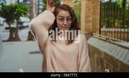 Frau macht lustige Gesichter in einer urbanen Straßenumgebung, die mit Brille und lockigem Haar im Freien in einer städtischen Umgebung mit Autom. Verspielt ausdrückt Stockfoto