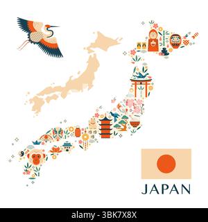 Japan Travel Map Poster mit japanischen Symbolen Stock Vektor