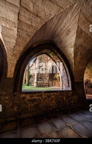 Der Blick durch einen dunklen Steinbogen offenbart einen grasbewachsenen Innenhof, der von einer bogenförmigen mittelalterlichen Architektur und mit Efeu bedeckten Wänden umgeben ist. Stockfoto