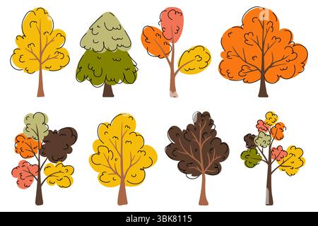 Baumkollektion im handgezeichneten flachen Stil. Künstlerisches Set mit Herbstbäumen. Symbole für den Herbstwald in Orange, Gelb und Braun. Waldkritzeleien Stock Vektor