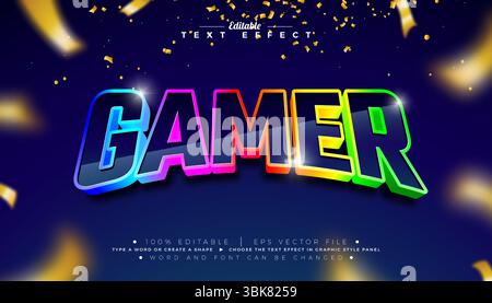 Gamer 3D Texteffekt Design bearbeitbarer und skalierbarer Vektor Grafik-Style-Effekt mit Regenbogenfarben-Schriftzug und fallendem Konfetti auf dunklem Hintergrund Stock Vektor