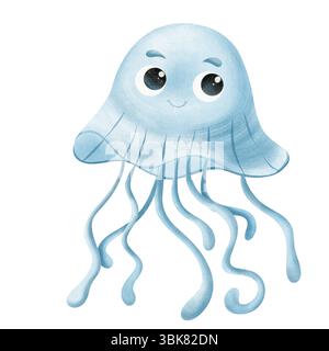 Niedliche Aquarellillustration einer blauen Qualle mit großen Augen und einem lächelnden Gesicht. Handbemalt im weichen Kinderbuchstil Stockfoto