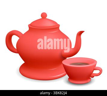 Vektor 3D Illustration rote Porzellan Teekanne mit Tasse auf isoliert vom Hintergrund. Realistisches Bild von Küchenutensilien. Wasserkocher und Becher für Rezepte und Banner Stock Vektor