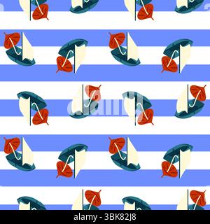 Nahtloses Muster mit Zeichentricksegelbooten und roten Regenschirmen auf horizontal blau-weiß gestreiftem Hintergrund. Flacher nautischer Stil, wechselnde Orientierung Stock Vektor