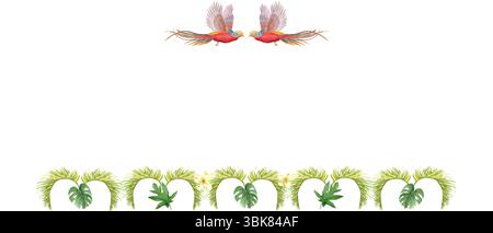 Fliegende tropische Vögel mit hellem Gefieder, Blumen, Palmblättern Aquarellrahmen isoliert auf weiß. Handbemalt, ideal für Schreibwaren Stockfoto