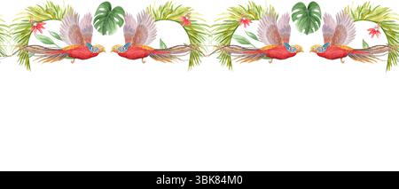 Fliegende tropische Vögel, Palmblätter, Blumen. Horizontaler Rand des Aquarells isoliert auf weiß. Handgemalte ClipArt, ideal für exotische Branding im Sommer Stockfoto
