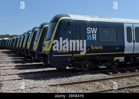 New South Western Railway SWR Arterio Class 701 Alstom-Züge im Depot Long Marston Rail, Warwickshire, Juni 2025 Stockfoto