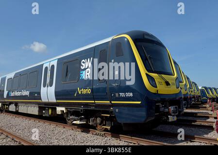 New South Western Railway SWR Arterio Class 701 Alstom-Züge im Depot Long Marston Rail, Warwickshire, Juni 2025 Stockfoto