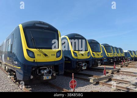 New South Western Railway SWR Arterio Class 701 Alstom-Züge im Depot Long Marston Rail, Warwickshire, Juni 2025 Stockfoto