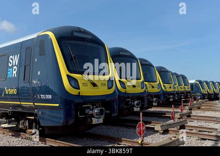 New South Western Railway SWR Arterio Class 701 Alstom-Züge im Depot Long Marston Rail, Warwickshire, Juni 2025 Stockfoto