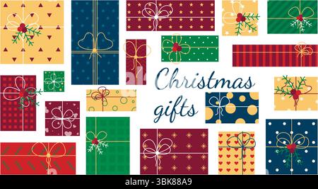 Set handgezeichneter Weihnachtsgeschenke. Schachteln in traditionellen Farben mit gebundenen Bändern und verschiedenen Mustern. ClipArt für Neujahr und Weihnachtsfeiertage Stock Vektor