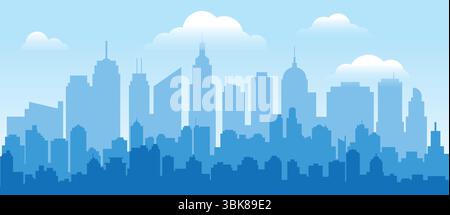 Blaue monochrome City Skyline, Flat Vector Urban Landscape mit Wolkenkratzern und modernen Gebäuden Stock Vektor