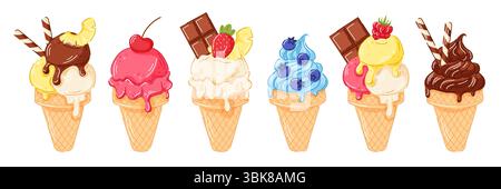 Eiskegel Set mit schmelzender Schaufel und Kirsche, Ananas, Erdbeere, Schokoladenriegel, Heidelbeere, himbeere oben in Waffelkegel im Cartoon-Stil Stock Vektor