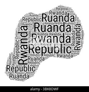 Schwarz-weiße Wortwolke in ruandischer Form. Einfache typografische Darstellung des Landes. Schwarze Wolke aus Ruanda auf weißem Hintergrund. Stock Vektor