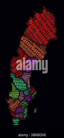 Schweden Regionen Wortwolken. Helles Neondesign auf dunklem Hintergrund. Regionale Namen des Landes in schwedischer Sprache. Stock Vektor
