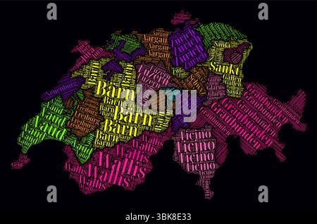 Schweiz Regionen Wortwolken. Helles Neondesign auf dunklem Hintergrund. Ländernamen des Landes in deutscher Sprache. Stock Vektor