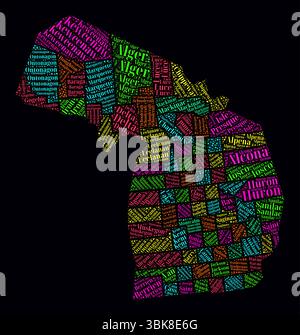 Michigan Word Cloud. Helles Neondesign auf dunklem Hintergrund. Textwolke für Bereichsnamen. Begrenzungsform mit administrativer Unterteilung. Stock Vektor