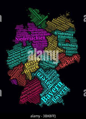 Deutschland Regionen Wortwolken. Helles Neondesign auf dunklem Hintergrund. Ländernamen des Landes in deutscher Sprache. Stock Vektor
