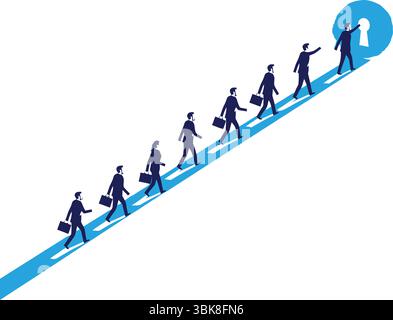 Eine Gruppe von Geschäftsleuten, die sich in einer Linie auf einem aufsteigenden Weg zu einem Schlüsselloch bewegen und eine Geschäftsmöglichkeit, ein Karrierewachstum oder eine Lösung darstellen. T Stock Vektor