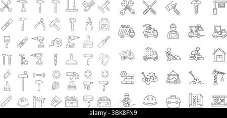 Symbolsatz für Bau- und Bauwerkzeuge. Eine umfassende Sammlung von Strichgrafik-Symbolen für Reparatur, Renovierung und Technik, einschließlich Werkzeugen, Worke Stock Vektor