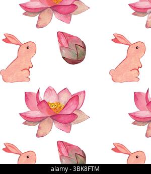 Aquarellmuster mit rosafarbenen Lotusblüten und Mondkaninchen. Asiatische Hintergrundbilder für das Festival Mitte des Herbstes. Niedliche romantische Elemente für traditionelle Dekoration. Natur Stock Vektor