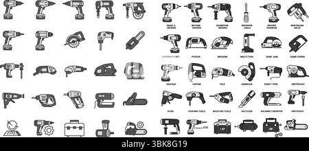 Symbolgruppe Für Elektrowerkzeuge. Eine umfassende Sammlung von Glyphen für elektrische und schnurlose Bau- und Zimmermannswerkzeuge, einschließlich Bohrmaschinen, Sägen, Schleifmaschinen, Stock Vektor