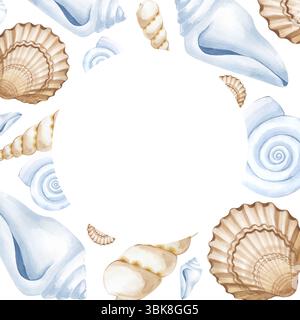 Ein quadratischer Rahmen mit verschiedenen handbemalten Aquarellschalen. Beige, braune und weiße Muscheln. Aquarellabbildung auf weißem Hintergrund. Stockfoto