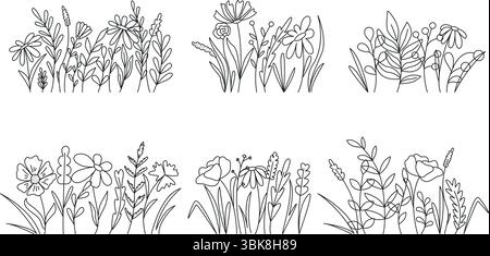 Gruppen von Feldkräutern, Pflanzen und Blumen kritzeln im Sketch-Stil. Niedliche Kräuterkomposition handgezeichnet einfache schwarze Linien. Botanische Natur Set, Vektor Stock Vektor