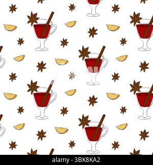 Nahtloses Glühweinmuster. Abbildung der grafischen Vektorfarbe. Handgezeichneter Zimt, Nelke, Anis und orangefarbener Hintergrund. Küchenhintergrund für Stock Vektor