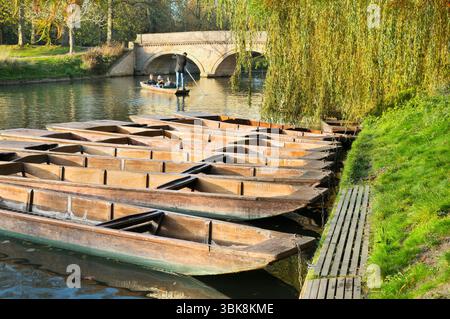 Eine Reihe von handgefertigten hölzernen Punt-Booten/Punts auf dem Fluss Cam und eine Familie auf Bootstour mit Punter/Chauffeur in der Nähe der Trinity Bridge, Cambridge, England, Großbritannien Stockfoto