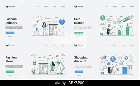 Die Konzepte der Modeindustrie umfassen Verkaufsgrafiken, Einkaufsrabatte, Trends, Marketingstrategien und Vektorgrafiken für Webdesign, wodurch die visuelle Attraktivität und die Kommunikation auf dem Markt verbessert werden Stock Vektor