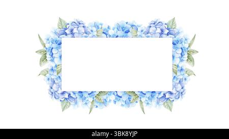Vorlage mit blauen und violetten Hortensie-Blüten, Blättern und Knospen. Handgezeichnete Aquarellillustration isoliert auf weißem Hintergrund. Für Design Stockfoto