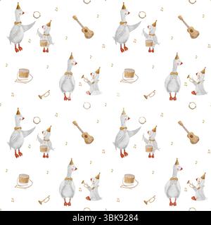 Gänsemusiker Aquarellmuster, Noten, Musikinstrumente Gitarre, Schlagzeug, Trompete. Handgezeichnete Abbildung. Nahtloser Aufdruck im Kinderstil Stockfoto