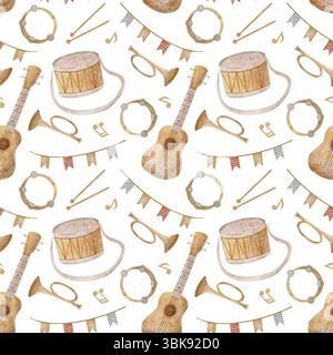 Musikinstrumente Aquarellmuster, Gitarre, Schlagzeug, Trompete, Noten. Handgezeichnete Abbildung. Nahtloser Aufdruck im Kinderstil auf Hintergrund Stockfoto