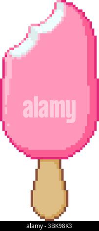 Pixelkunstillustration einer rosa Eiscreme auf einem Stock mit einem Biss herausgenommen. Dessertdesign im Retro-Stil, Vektor. Stock Vektor