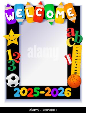 Selfie-Bilderrahmen am ersten Schultag, kreatives Design des Schulstandes. Willkommen zum Schuljahr 2025-2026, Vorlage für Fotokabine. Vektorabbildung Stock Vektor