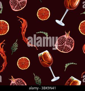 Nahtloses Aquarellmuster mit Granatapfel, Blutorange, Getränk im Glas und rotem Spritzer. Auf dunkelrotem Hintergrund. Wird für Gewebe, Verpackungen verwendet. Stockfoto