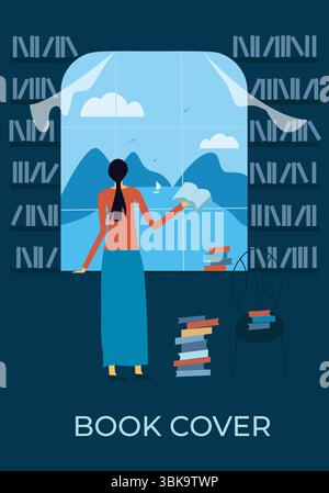 Eine Frau mit langen schwarzen Haaren steht an einem Fenster und blickt auf Berge und See. Bücher sind auf dem Boden und auf dem Stuhl gestapelt. Für den Sommer inspirierender Bucheinband. Stock Vektor