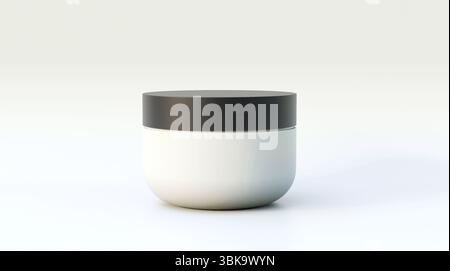 Kosmetikglas auf grauem Hintergrund. Kosmetikflaschenkonzept auf grauem Hintergrund. Leeres kosmetisches Creme-Glas auf isoliertem Hintergrund. Stockfoto