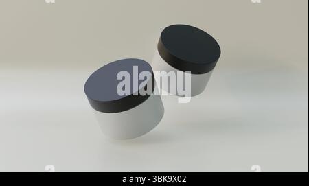 Schwebende Kosmetikgläser verspotten auf weißem Hintergrund. Kosmetikflaschenkonzept auf weißem Hintergrund. Leere kosmetische Creme-Gläser Mockup. Stockfoto