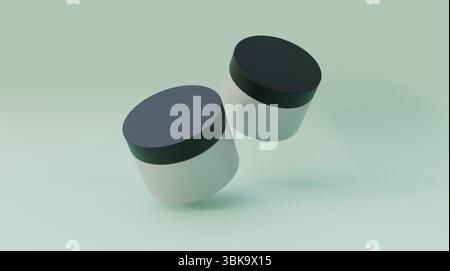 Schwebende Kosmetikgläser verspotten auf grünem Hintergrund. Kosmetikflaschenkonzept auf grünem Hintergrund. Leere kosmetische Creme-Gläser Mockup. Stockfoto