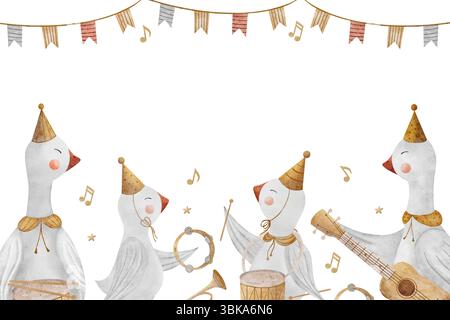 Rahmen Aquarellgänse Musiker, Illustration von Musikinstrumenten, Gitarre, Trompete, Trommel, festliche Girlande, handgezeichnete Flaggen. Vorlage für Stockfoto