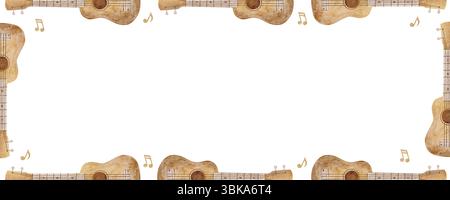 Rahmen Vintage Gitarre Aquarell Illustration Musikinstrumente Noten handgezeichnet. Vorlage in Braun, Beige auf isoliertem Hintergrund für Einladung Stockfoto