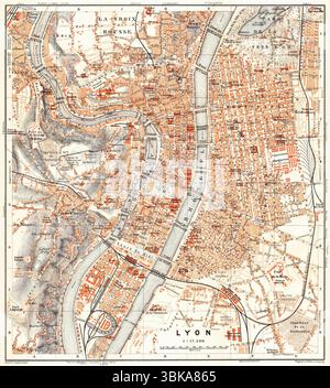 Alte Karte von Lyon in Frankreich von 1913, von Wagner & Debes, Leipzig. Originalmaßstab 1:17.500. Bildgröße (in mm): 278 x 310 Stockfoto