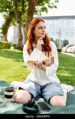 Die junge Frau liest gerne ein Buch auf einem grünen Rasen, während sie Kaffee trinkt und in der Sonne eintaucht. Stockfoto
