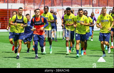 La Turbie, Frankreich - 2. August 2021: ALS Monaco neue deutsche Spieler Alexander Nuebel und Ismail Jakobs für die Saison 2021-22, Training Session Stockfoto