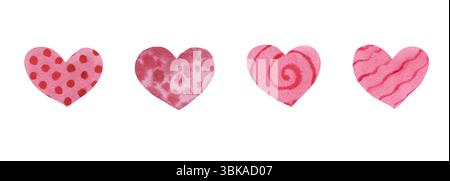 Set aus rosafarbenen Herzen strukturierte Erbsenspirale in Aquarellfarben mit verschwommenen Flecken, welligen Linien, handgezeichnetem Wet-Effekt Stockfoto