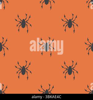 Nahtloses geometrisches Halloween-Muster mit Silhouettenspinnen. Handgezeichnete Vektorgrafik. Winzige schwarze Arachnien auf orangem Hintergrund. Oktober Herbst Stock Vektor