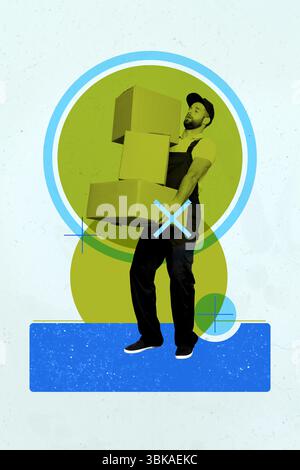 Bildtrendcollage der Person Cartoon Paket unter Zielzielsatz Zeichnung auf blauem Hintergrund Stockfoto